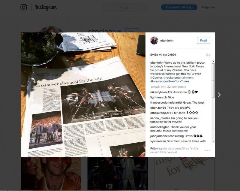 2CELLOS na naslovnici New York Timesu, Elton John na Instagramu "Bravo"